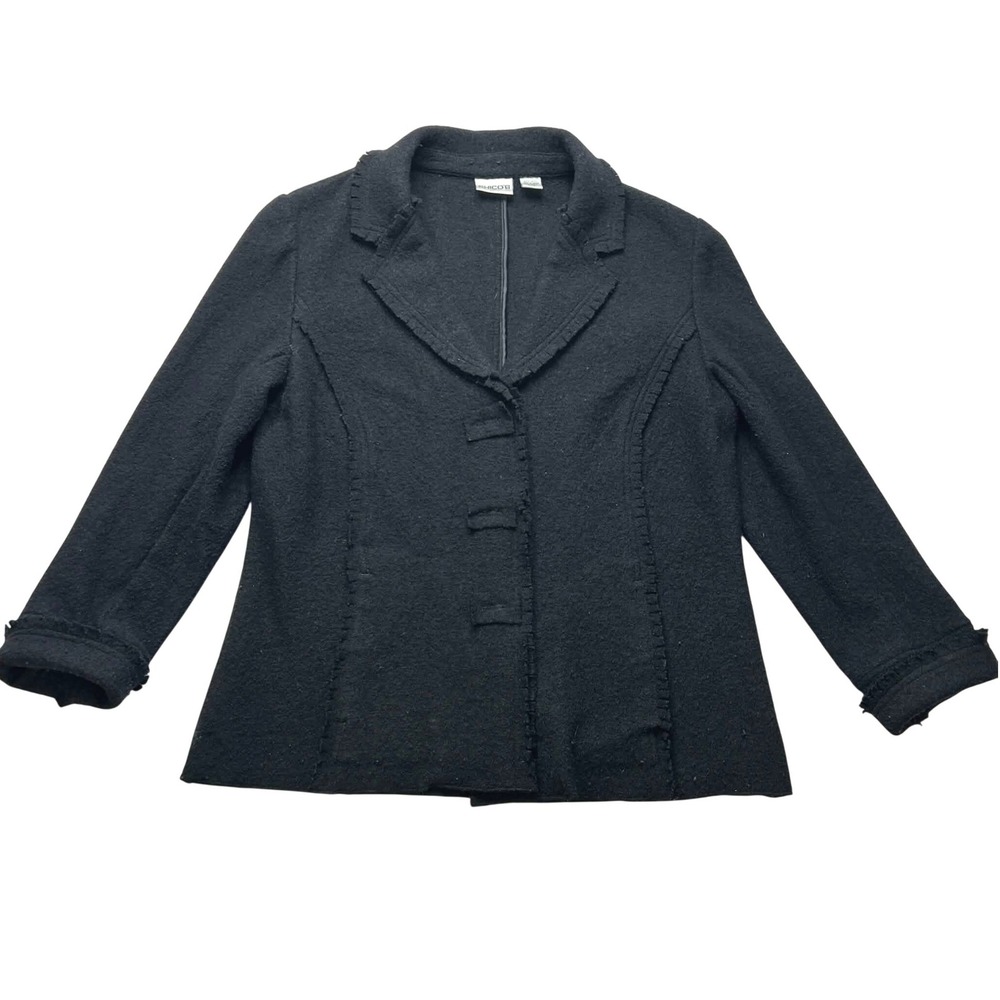Chico's Black 100% Wool Boiled Fringe Trim Blazer Jacket Size 2 L Large
